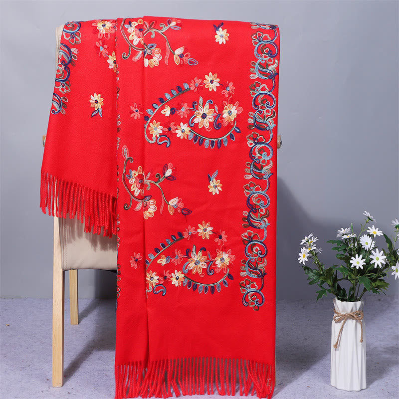 Buddha Stones Polyester Shawl Colorful Flower Ethnic Style Embroidery Tassel Winter Cozy Travel Scarf Wrap - Red - 200*70cm - image 0