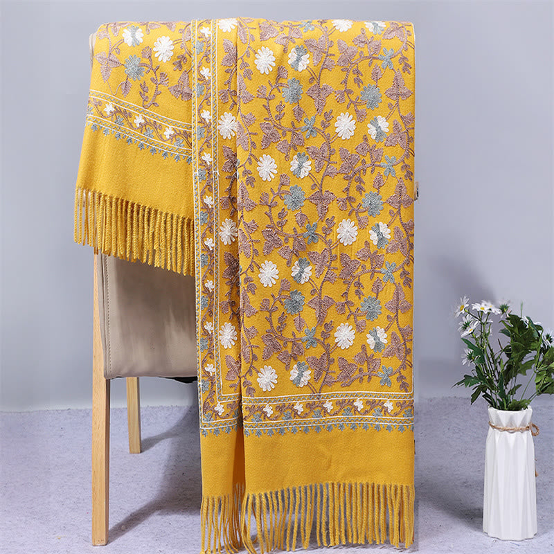 Buddha Stones Polyester Shawl Cashew Flowers Embroidery Tassel Winter Cozy Travel Scarf Wrap - Gold - 200*70cm - image 6