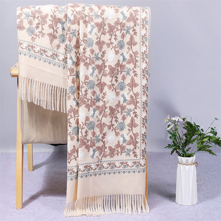 Buddha Stones Polyester Shawl Cashew Flowers Embroidery Tassel Winter Cozy Travel Scarf Wrap - Linen - 200*70cm - image 1