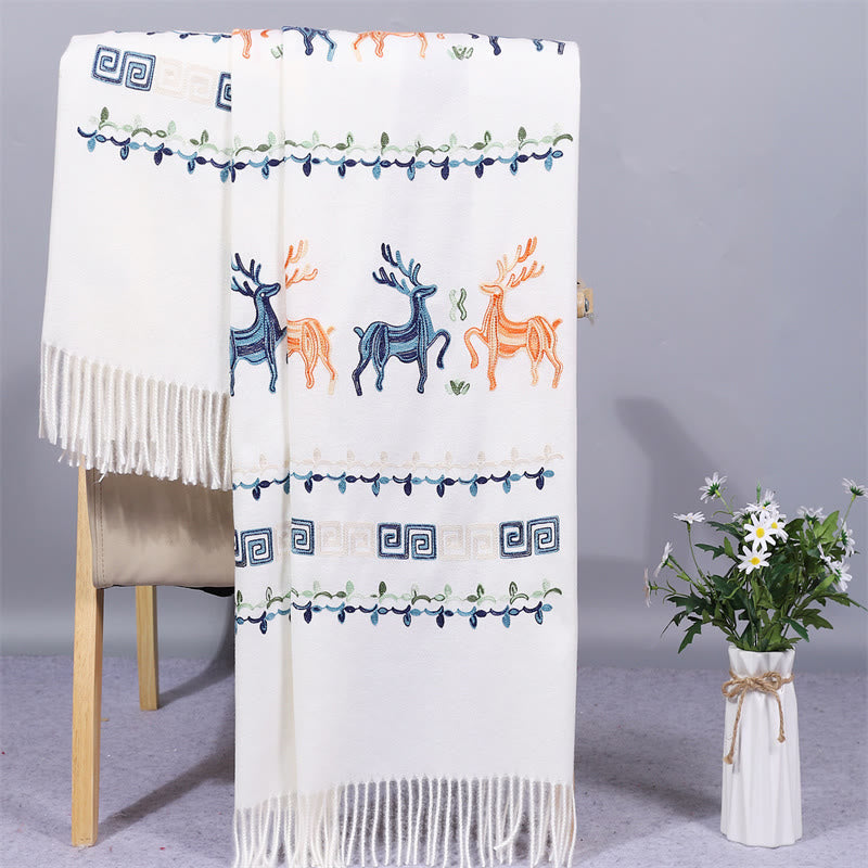 Buddha Stones Rayon Fabric Shawl Sika Deer Embroidery Tassel Winter Cozy Travel Scarf Wrap - White - 200*70cm - image 0