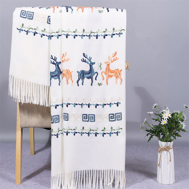 Buddha Stones Rayon Fabric Shawl Sika Deer Embroidery Tassel Winter Cozy Travel Scarf Wrap - White - 200*70cm - image 0