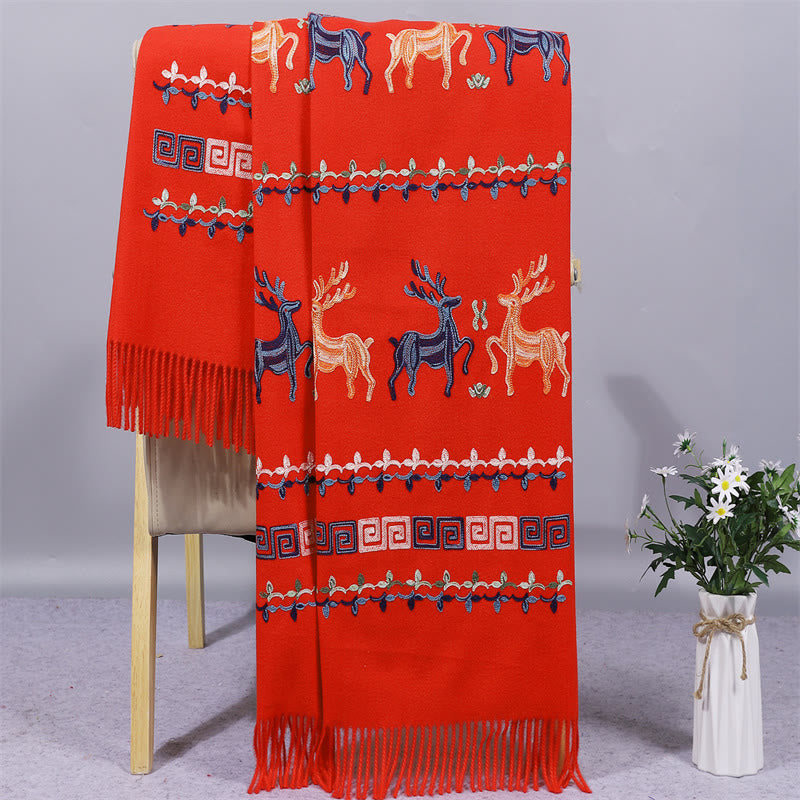 Buddha Stones Rayon Fabric Shawl Sika Deer Embroidery Tassel Winter Cozy Travel Scarf Wrap - OrangeRed - 200*70cm - image 1