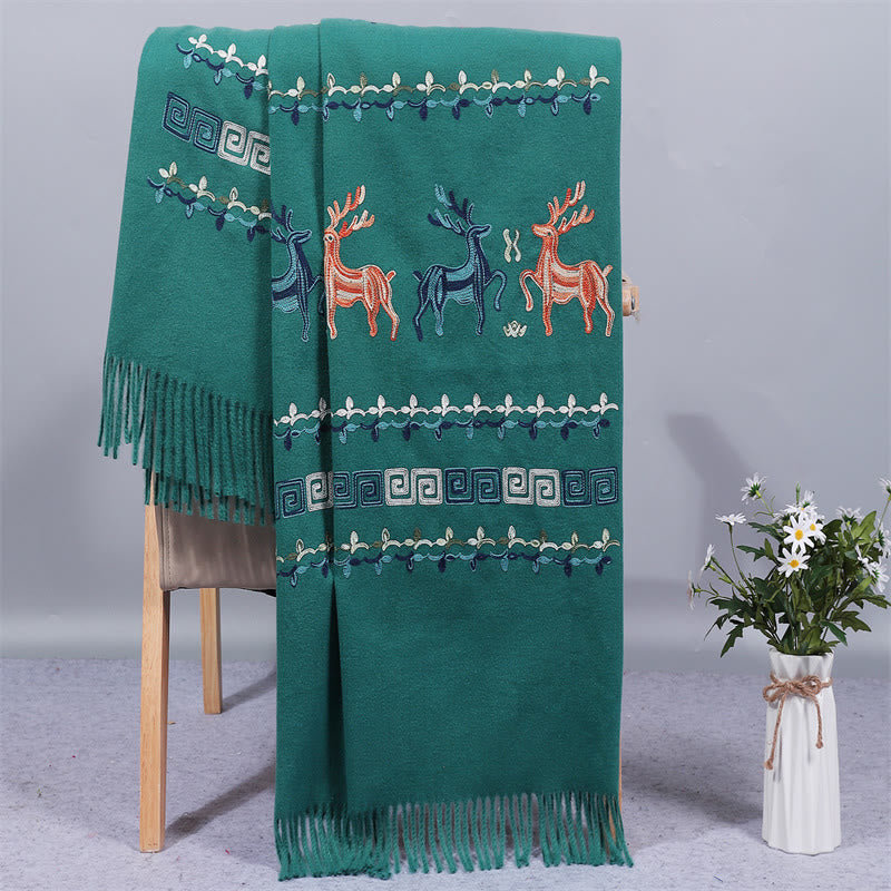 Buddha Stones Rayon Fabric Shawl Sika Deer Embroidery Tassel Winter Cozy Travel Scarf Wrap - DarkCyan - 200*70cm - image 8