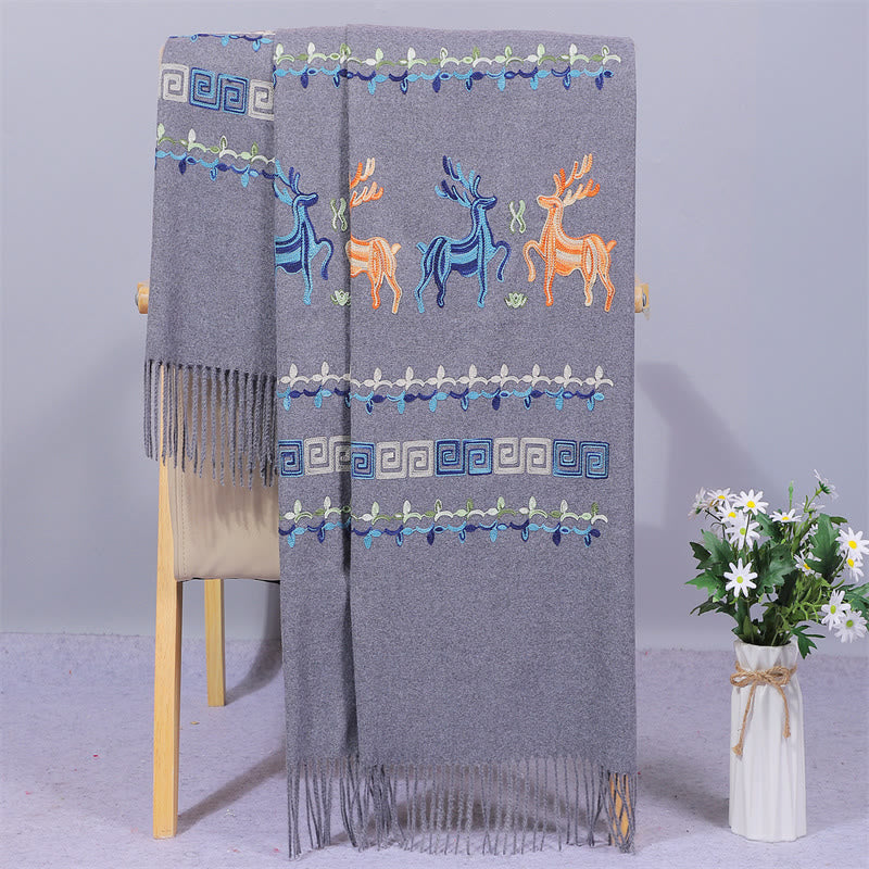 Buddha Stones Rayon Fabric Shawl Sika Deer Embroidery Tassel Winter Cozy Travel Scarf Wrap - DarkGray - 200*70cm - image 6
