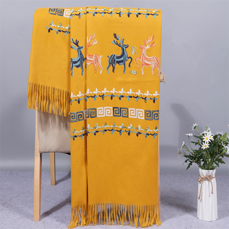 Buddha Stones Rayon Fabric Shawl Sika Deer Embroidery Tassel Winter Cozy Travel Scarf Wrap - Gold - 200*70cm - image 7
