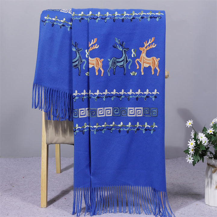 Buddha Stones Rayon Fabric Shawl Sika Deer Embroidery Tassel Winter Cozy Travel Scarf Wrap - RoyalBlue - 200*70cm - image 5