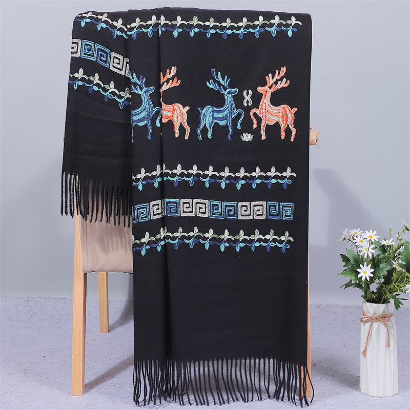 Buddha Stones Rayon Fabric Shawl Sika Deer Embroidery Tassel Winter Cozy Travel Scarf Wrap - Black - 200*70cm - image 2