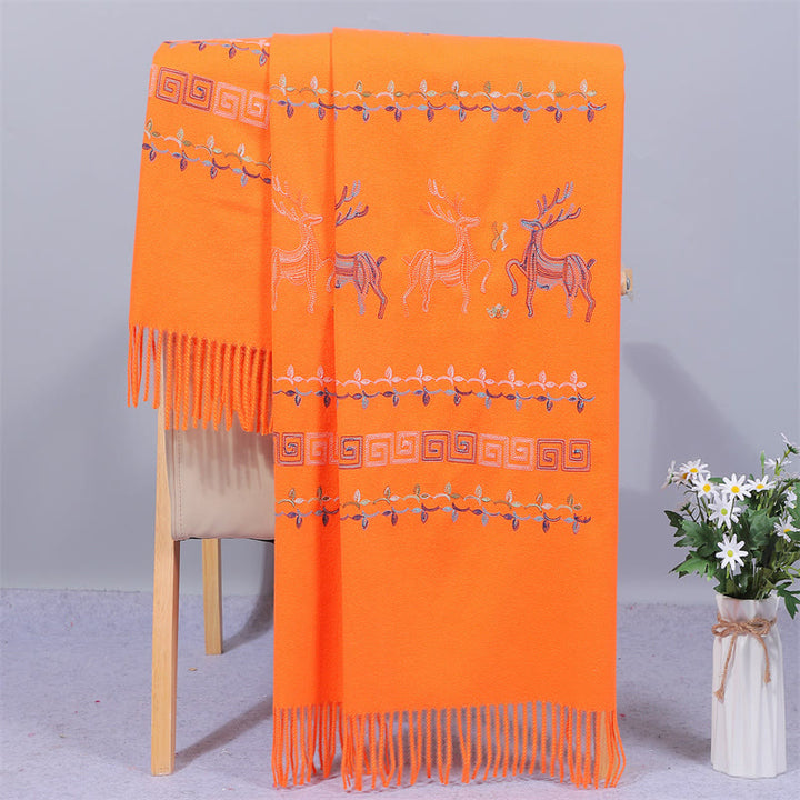 Buddha Stones Rayon Fabric Shawl Sika Deer Embroidery Tassel Winter Cozy Travel Scarf Wrap - DarkOrange - 200*70cm - image 11