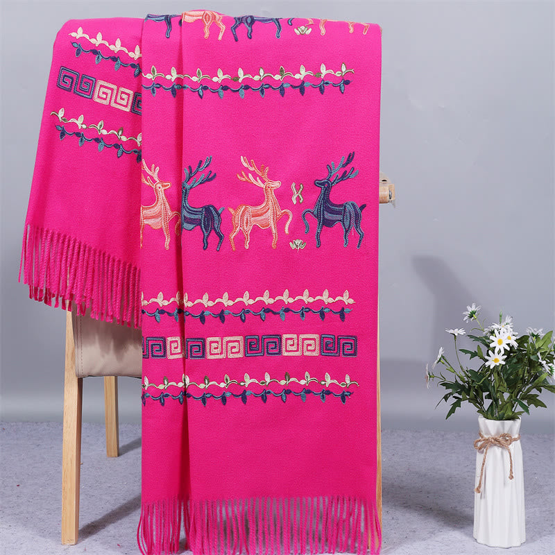 Buddha Stones Rayon Fabric Shawl Sika Deer Embroidery Tassel Winter Cozy Travel Scarf Wrap - DeepPink - 200*70cm - image 10