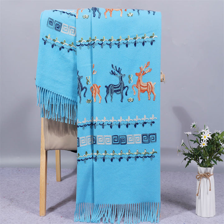 Buddha Stones Rayon Fabric Shawl Sika Deer Embroidery Tassel Winter Cozy Travel Scarf Wrap - LightSkyBlue - 200*70cm - image 9
