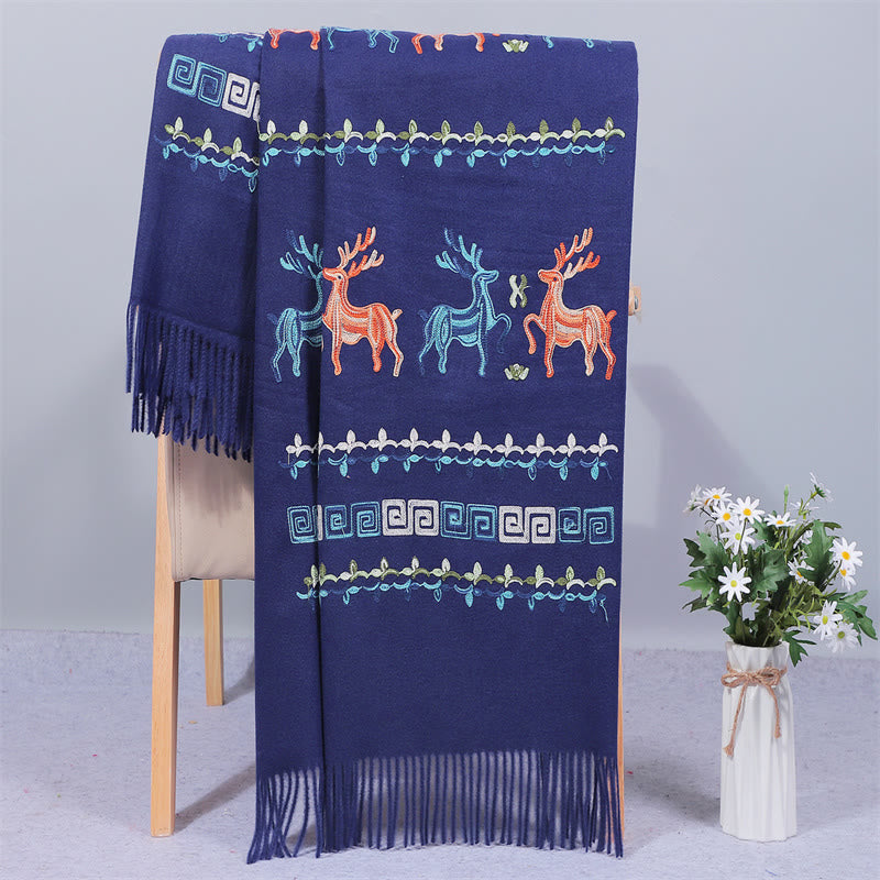 Buddha Stones Rayon Fabric Shawl Sika Deer Embroidery Tassel Winter Cozy Travel Scarf Wrap - MidnightBlue - 200*70cm - image 4