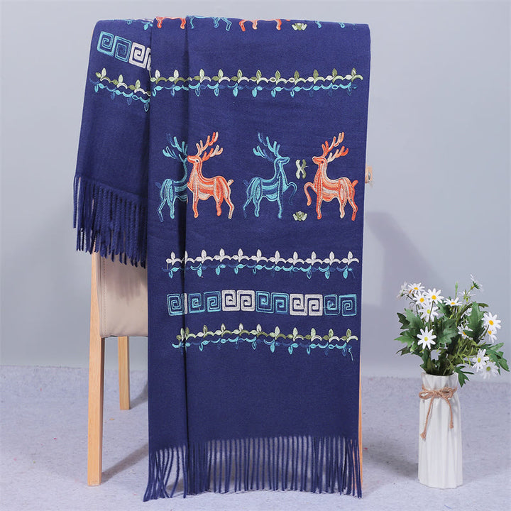 Buddha Stones Rayon Fabric Shawl Sika Deer Embroidery Tassel Winter Cozy Travel Scarf Wrap - MidnightBlue - 200*70cm - image 4
