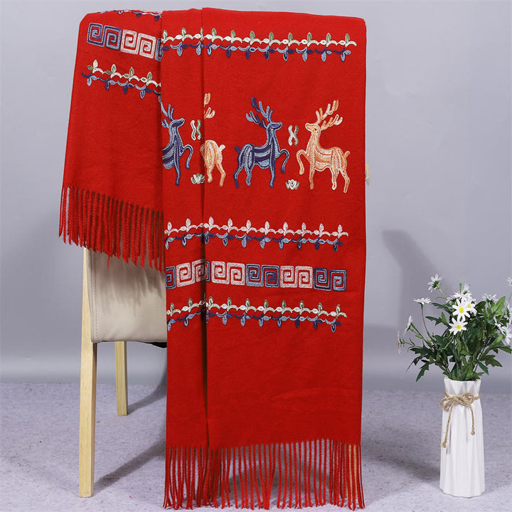 Buddha Stones Rayon Fabric Shawl Sika Deer Embroidery Tassel Winter Cozy Travel Scarf Wrap - FireBrick - 200*70cm - image 3