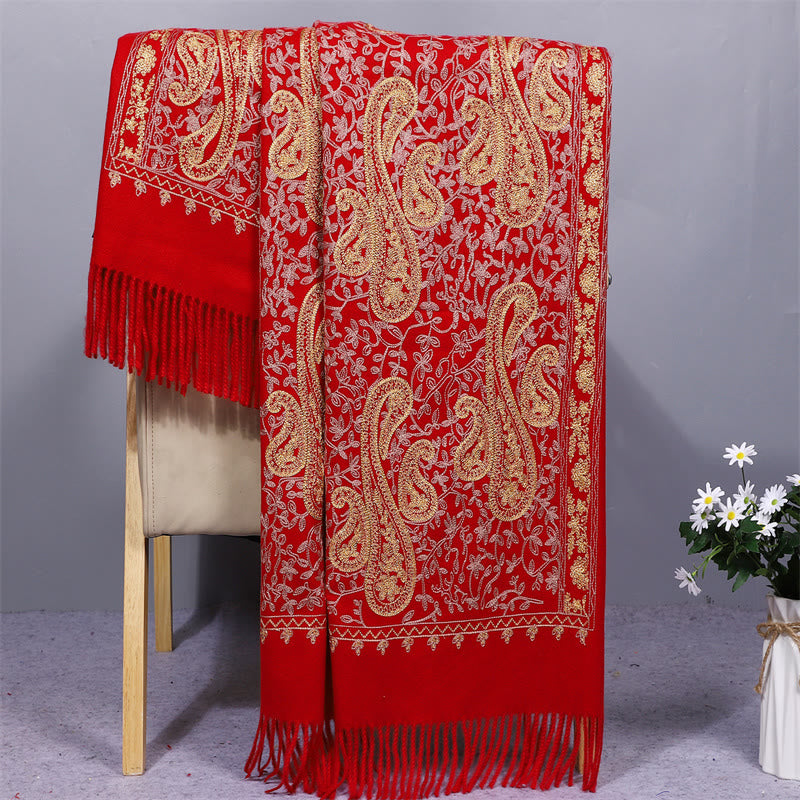 Buddha Stones Rayon Fabric Shawl Golden Cashew Flowers Embroidery Tassel Winter Cozy Travel Scarf Wrap - FireBrick - 200*70cm - image 1