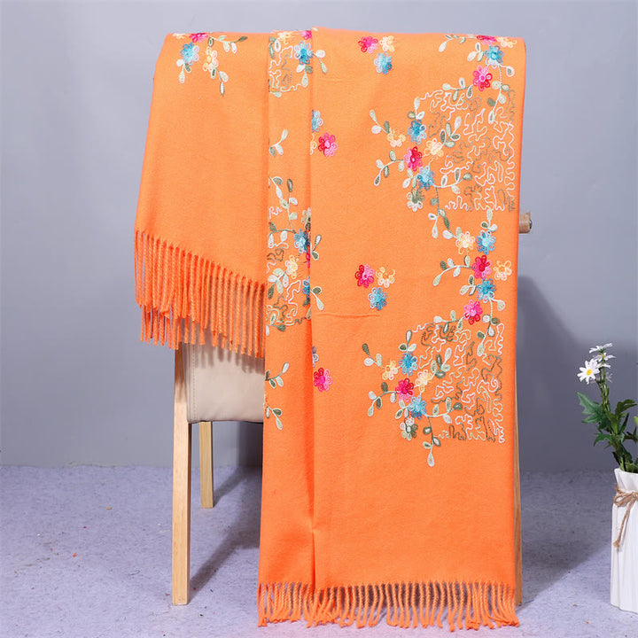 Buddha Stones Rayon Fabric Shawl Colorful Small Flowers Embroidery Tassel Winter Cozy Travel Scarf Wrap - Orange - 200*70cm - image 5