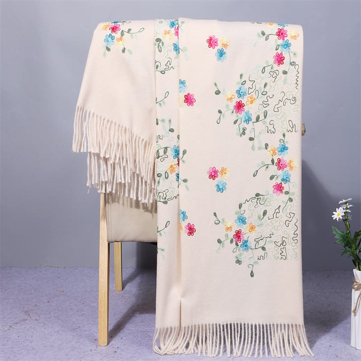 Buddha Stones Rayon Fabric Shawl Colorful Small Flowers Embroidery Tassel Winter Cozy Travel Scarf Wrap - Linen - 200*70cm - image 2