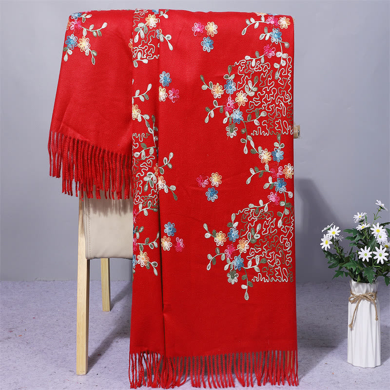 Buddha Stones Rayon Fabric Shawl Colorful Small Flowers Embroidery Tassel Winter Cozy Travel Scarf Wrap - FireBrick - 200*70cm - image 10