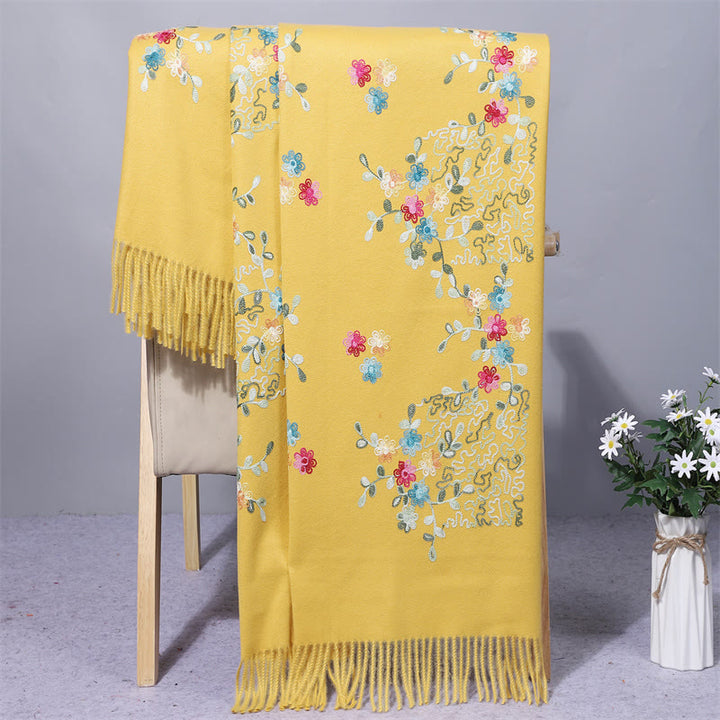 Buddha Stones Rayon Fabric Shawl Colorful Small Flowers Embroidery Tassel Winter Cozy Travel Scarf Wrap - Gold - 200*70cm - image 6