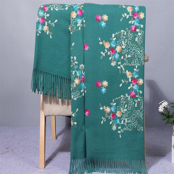 Buddha Stones Rayon Fabric Shawl Colorful Small Flowers Embroidery Tassel Winter Cozy Travel Scarf Wrap - DarkCyan - 200*70cm - image 7