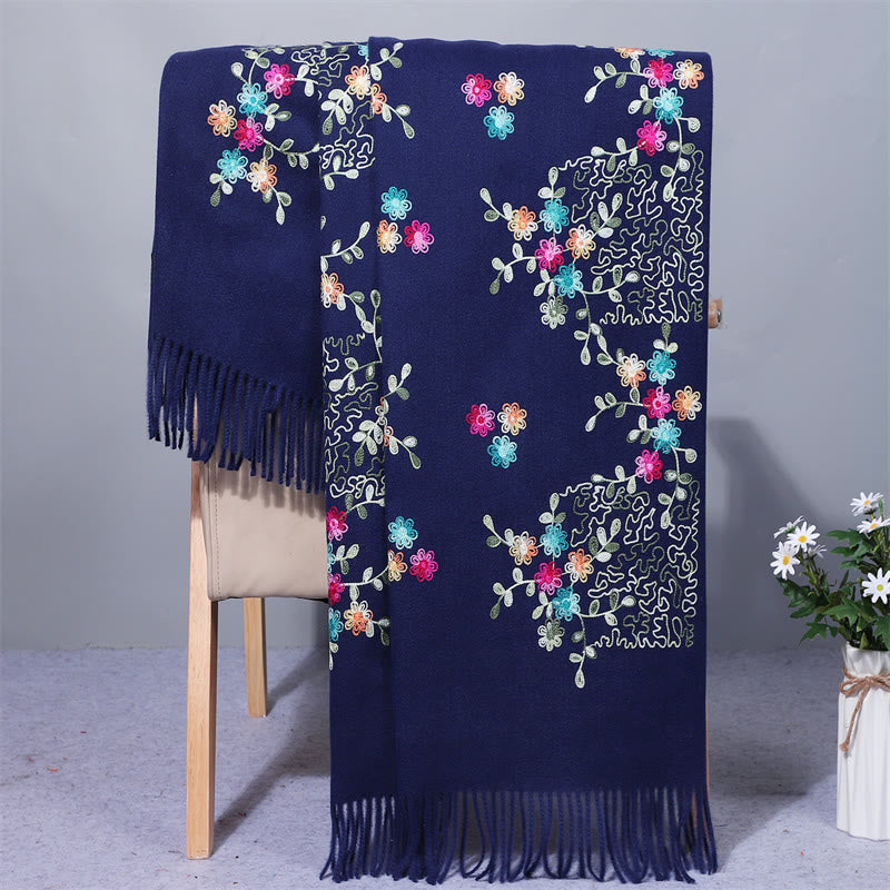 Buddha Stones Rayon Fabric Shawl Colorful Small Flowers Embroidery Tassel Winter Cozy Travel Scarf Wrap - MidnightBlue - 200*70cm - image 1