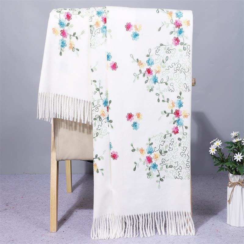 Buddha Stones Rayon Fabric Shawl Colorful Small Flowers Embroidery Tassel Winter Cozy Travel Scarf Wrap - White - 200*70cm - image 3