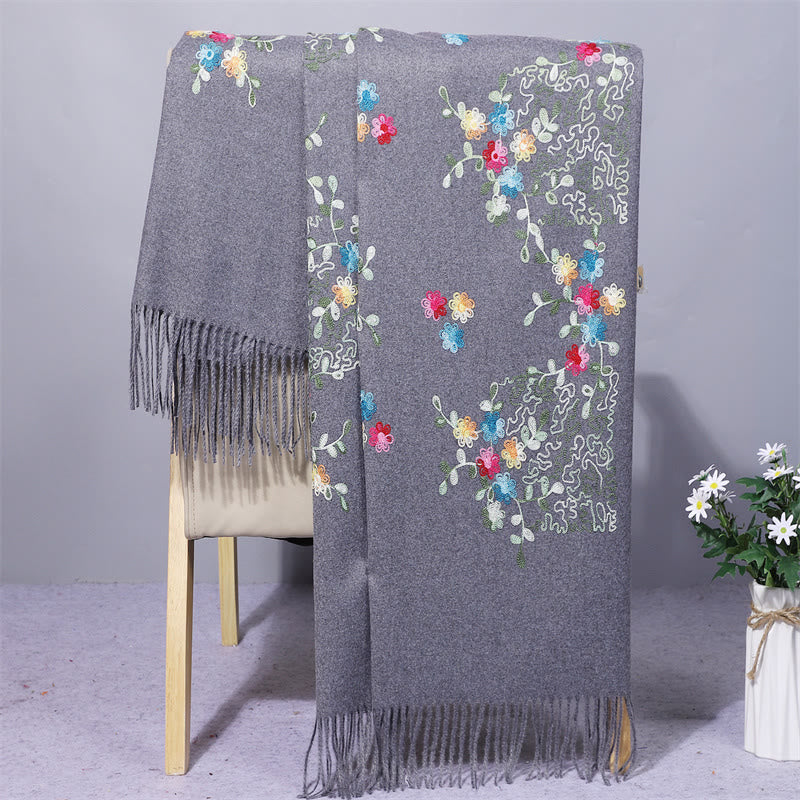 Buddha Stones Rayon Fabric Shawl Colorful Small Flowers Embroidery Tassel Winter Cozy Travel Scarf Wrap - SlateGray - 200*70cm - image 4