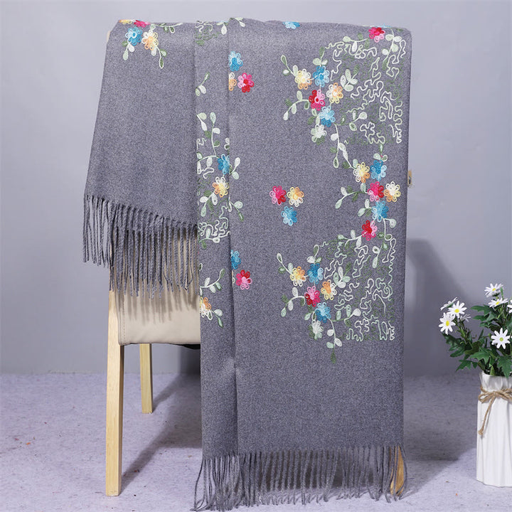 Buddha Stones Rayon Fabric Shawl Colorful Small Flowers Embroidery Tassel Winter Cozy Travel Scarf Wrap - SlateGray - 200*70cm - image 4
