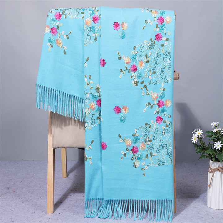 Buddha Stones Rayon Fabric Shawl Colorful Small Flowers Embroidery Tassel Winter Cozy Travel Scarf Wrap - LightSkyBlue - 200*70cm - image 8