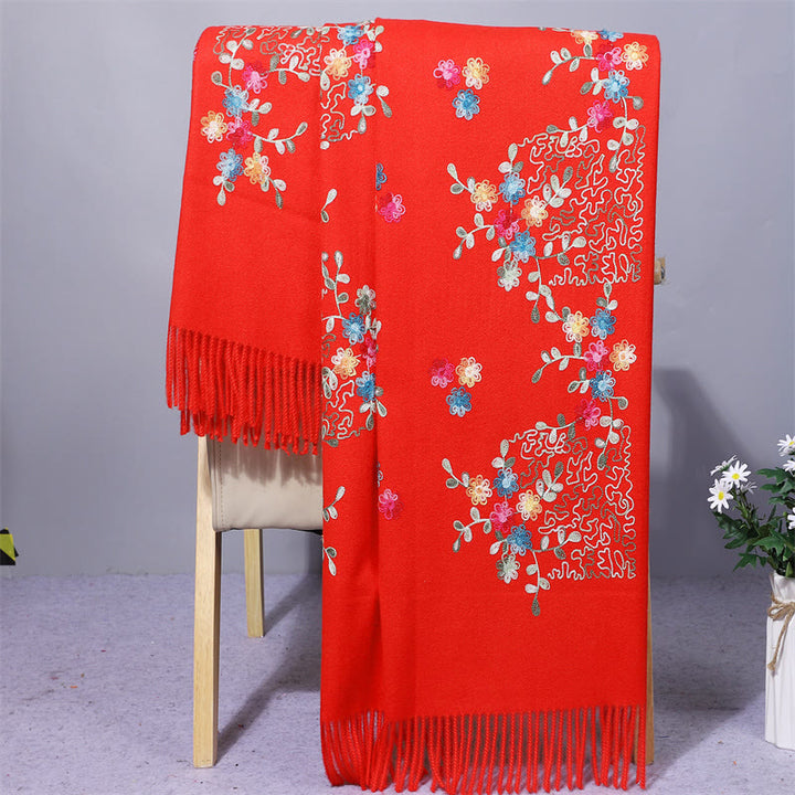 Buddha Stones Rayon Fabric Shawl Colorful Small Flowers Embroidery Tassel Winter Cozy Travel Scarf Wrap - Red - 200*70cm - image 9