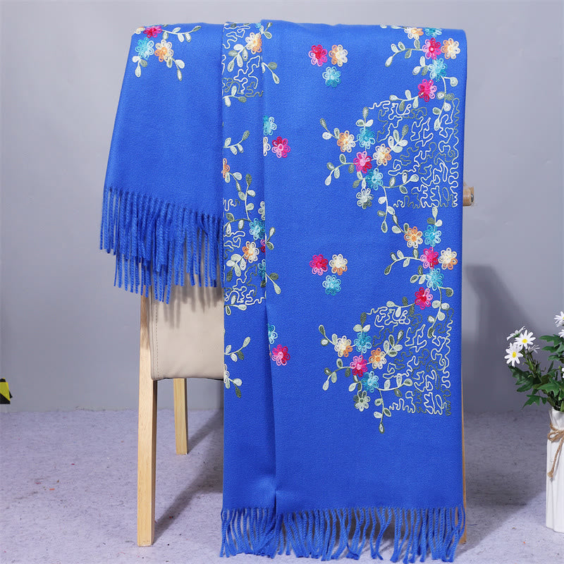 Buddha Stones Rayon Fabric Shawl Colorful Small Flowers Embroidery Tassel Winter Cozy Travel Scarf Wrap - RoyalBlue - 200*70cm - image 12