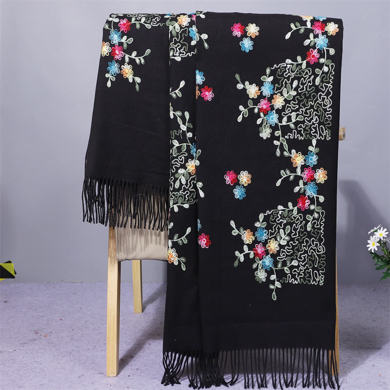 Buddha Stones Rayon Fabric Shawl Colorful Small Flowers Embroidery Tassel Winter Cozy Travel Scarf Wrap - Black - 200*70cm - image 0