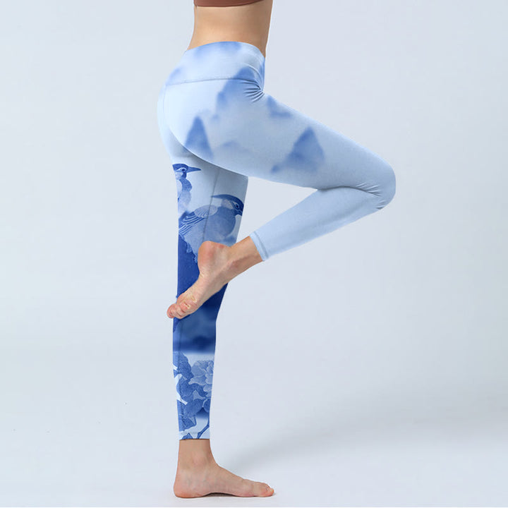 Buddha Stones Blue Bird Peony Print Sports Leggings Women's Yoga Pants - image 3