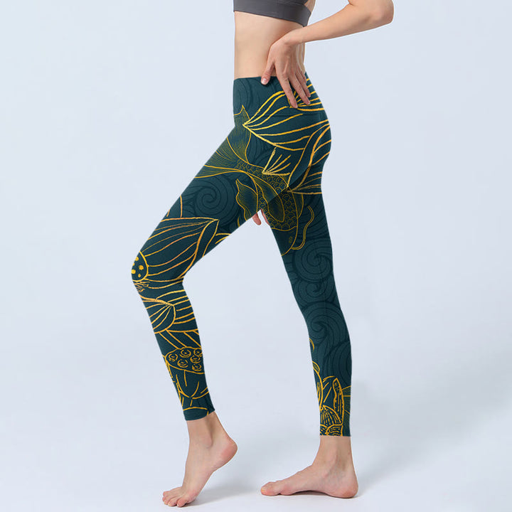 Buddha Stones Gray Golden Koi Fish Lotus Print Gym Leggings Women's Yoga Pants - image 3