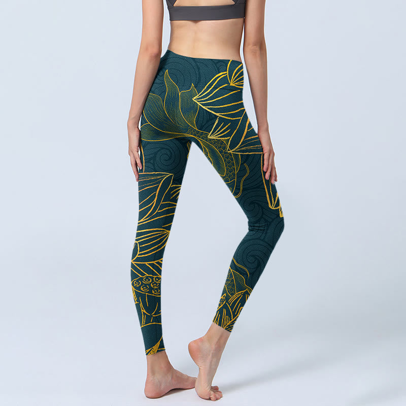 Buddha Stones Gray Golden Koi Fish Lotus Print Gym Leggings Women's Yoga Pants - image 5