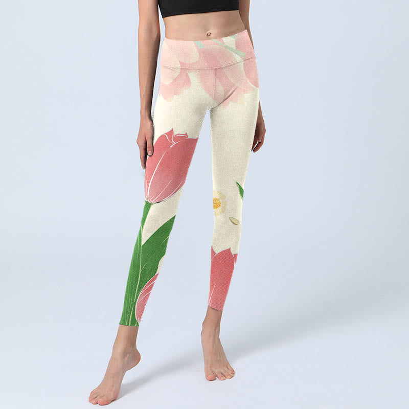Buddha Stones Pink Tulip Flower Print Gym Fitness Leggings Women's Yoga Pants - image 6