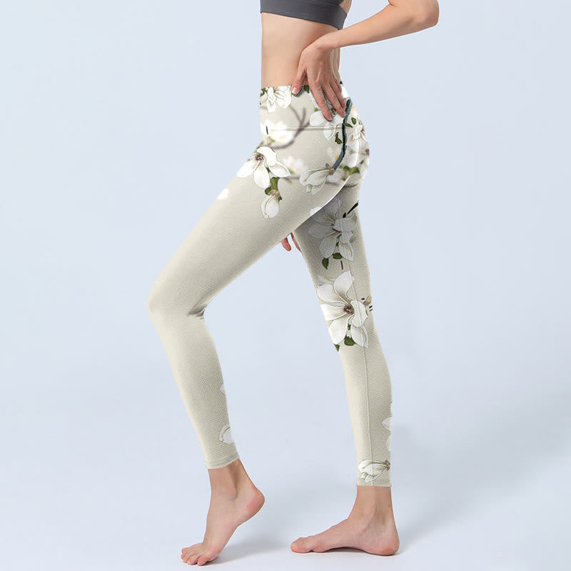 Buddha Stones White Magnolia Flower Print Sports Fitness Leggings Women's Yoga Pants - image 2
