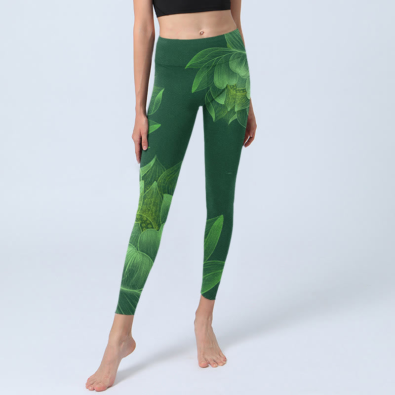 Buddha Stones Dark Green Lotus Flower Leaf Print Gym Fitness Leggings Women's Yoga Pants - image 6