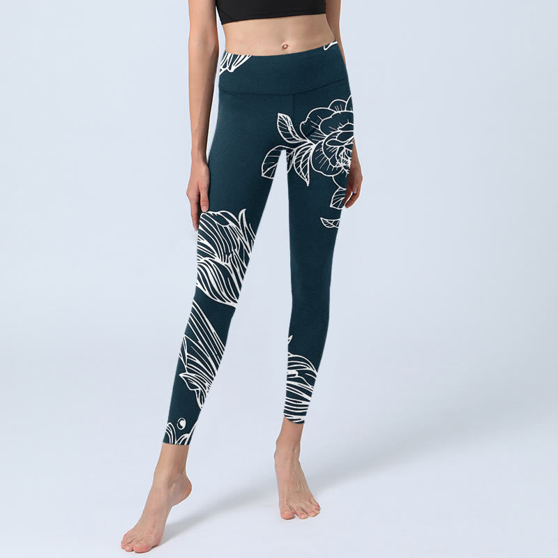 Buddha Stones Peony Epiphyllum Flowers Print Gym Fitness Leggings Women's Yoga Pants - image 6