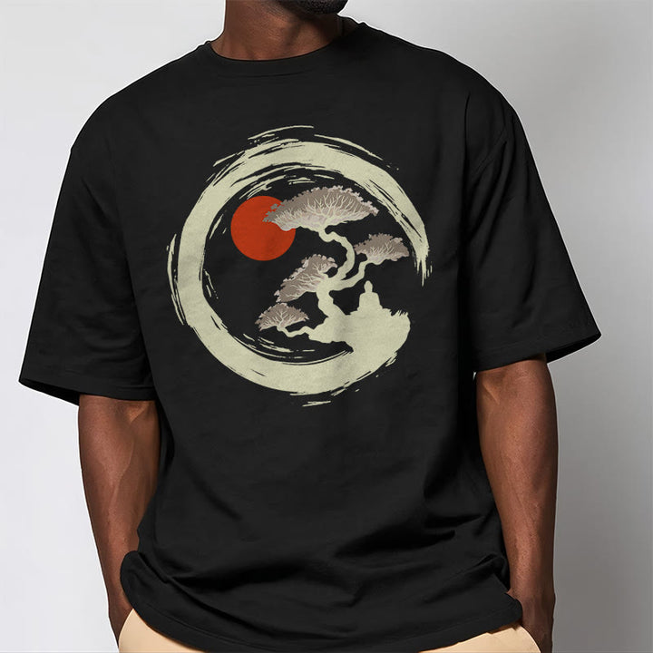 Buddha Stones Red Sun Pine Zen Circle Meditation Person Tee T-shirt - image 2