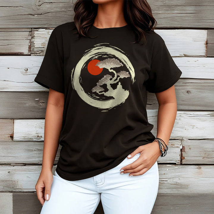 Buddha Stones Red Sun Pine Zen Circle Meditation Person Tee T-shirt - image 1