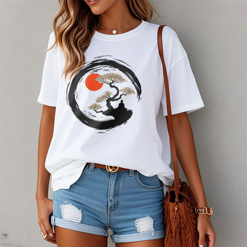 Buddha Stones Red Sun Pine Zen Circle Meditation Person Tee T-shirt - image 6