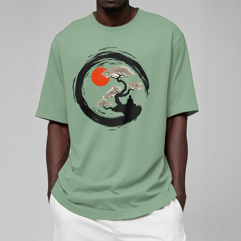 Buddha Stones Red Sun Pine Zen Circle Meditation Person Tee T-shirt - image 15
