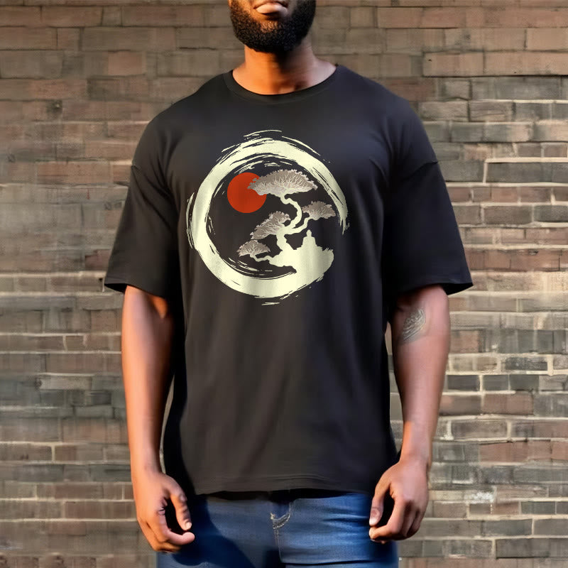 Buddha Stones Red Sun Pine Zen Circle Meditation Person Tee T-shirt - image 3