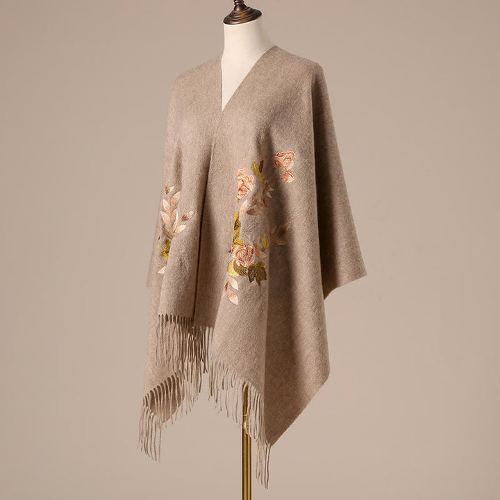 Buddha Stones Wool Shawl White Pink Flowers Golden Leaves Embroidery Tassel Winter Cozy Travel Scarf Wrap - image 4