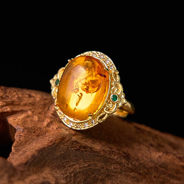 Buddha Stones Amber Flower Pigeon Egg Pattern Focus Ring - image 7