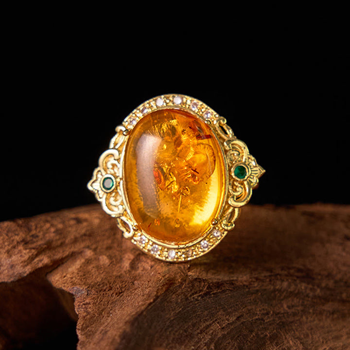 Buddha Stones Amber Flower Pigeon Egg Pattern Focus Ring - image 8