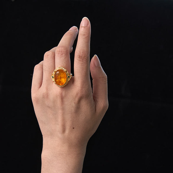 Buddha Stones Amber Flower Pigeon Egg Pattern Focus Ring - image 4