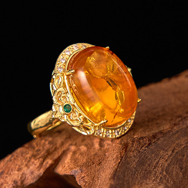 Buddha Stones Amber Flower Pigeon Egg Pattern Focus Ring - Amber(Inner Circumference: 58-62mm) - image 0