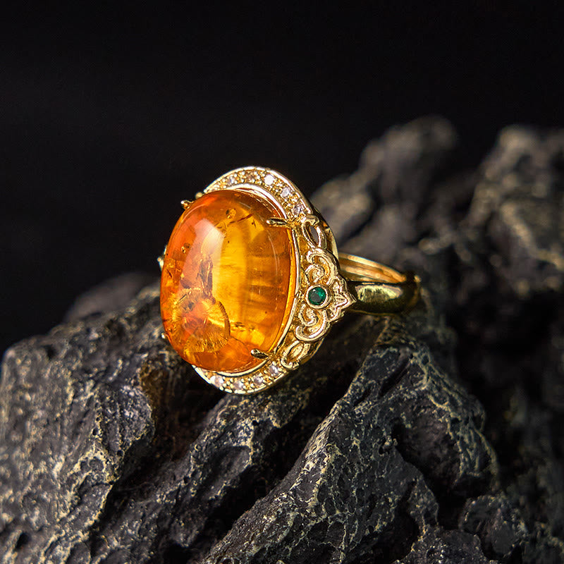 Buddha Stones Amber Flower Pigeon Egg Pattern Focus Ring - image 3