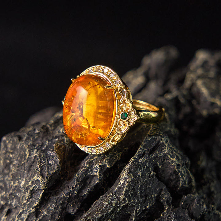 Buddha Stones Amber Flower Pigeon Egg Pattern Focus Ring - image 3